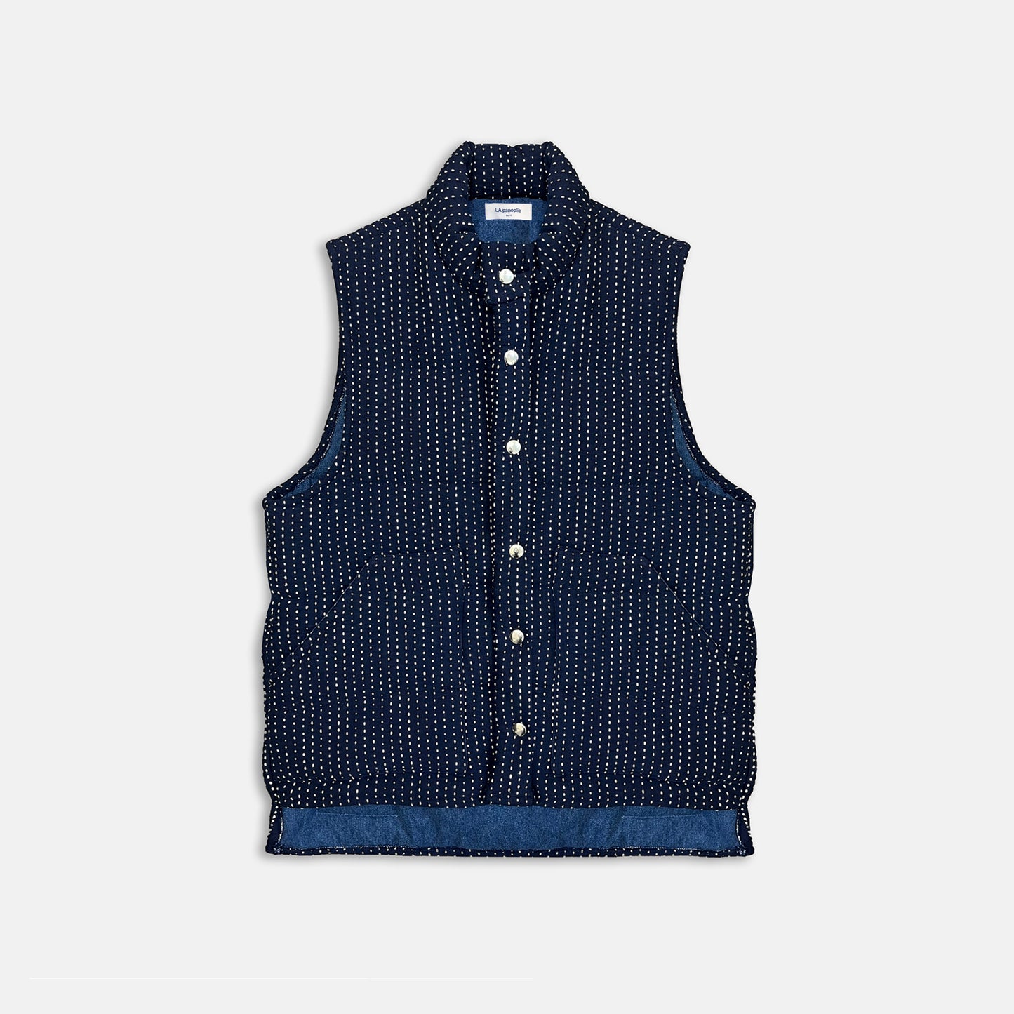 indigo puffer vest